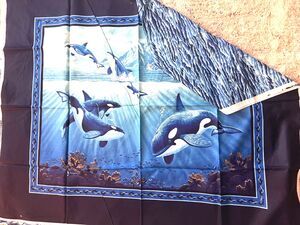 Vtg Cranston Orca Killer Whales Sewing Fabric Quilt Panel + Backing Piece Ocean